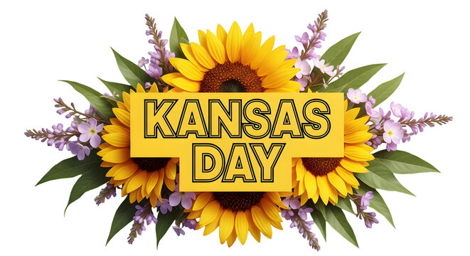 Kansas day celebration with sunflowers and wildflowers isolated on transparent background