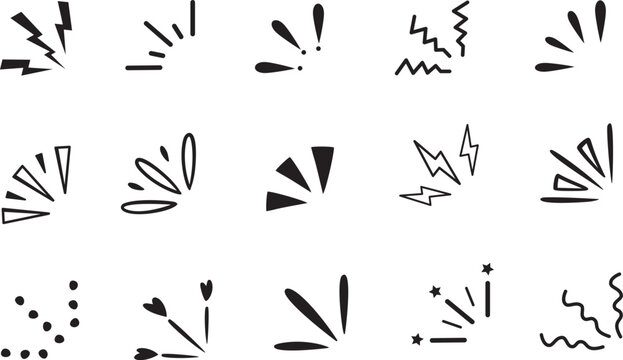 Collection of hand-drawn black and white corner accents suggesting impact, burst, and excitement.