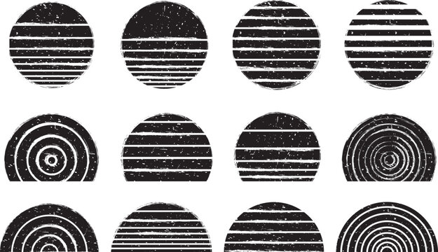 Collection of distressed black and white abstract circular and semi-circular geometric stamp patterns