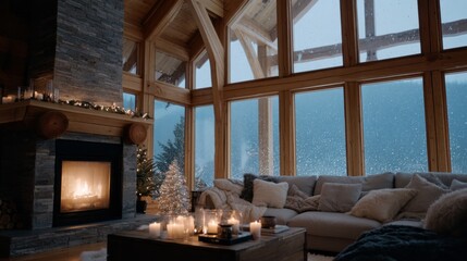 Fototapeta premium A cozy living room with a fireplace and a Christmas tree