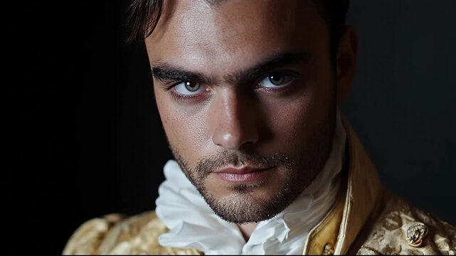 A dramatic portrait of a man in vintage costume with intense expression.
