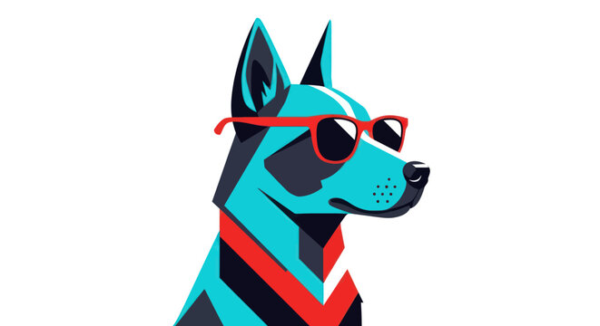 Stylized dog illustration wearing red sunglasses against a bright white background