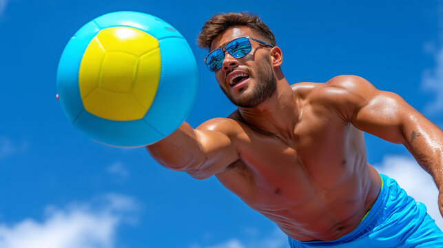 Bossaball Player Mid-Serve Captured from a Low Wide Angle

