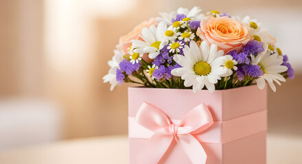 Happy mother's day bouquet of beautiful flowers in pink gift box
