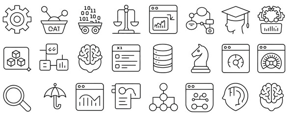 line icons about business intelligence featuring analytics data visualisation dashboards insights strategy and performance metrics on transparent background with editable stroke vector design.