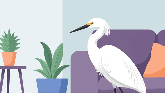 A white egret stands in a room with potted plants and a purple sofa