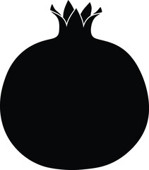 A ripe pomegranate illustration and fresh fruit icon vector with a green leaf design isolated on a black silhouette background as a healthy organic food symbol