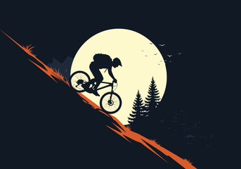 A thrilling downhill mountain biking vector illustration set against a large full moon and silhouetted trees © PDWN Creative