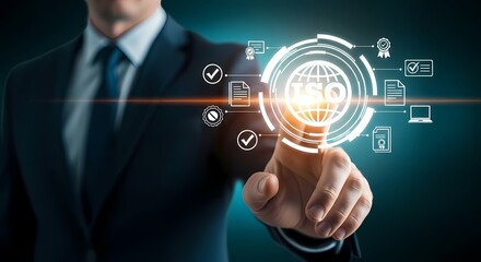 ISO Certification and Compliance. Businessman Activates Digital Interface for Global Quality Standards, Audit, and Regulatory Management System.