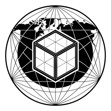 A black and white vector graphic of a globe with a cube on it