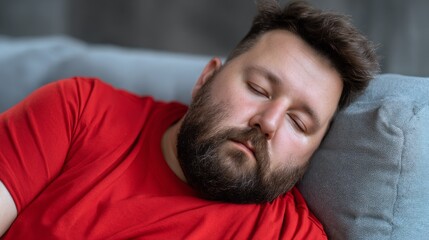 A man with a beard is sleeping on a couch