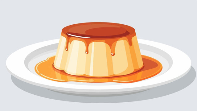 A single serving of creamy dessert with glossy caramel sauce on a white plate