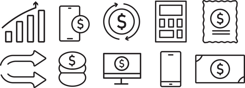 Online payment icon set. Creative digital currency and invoice symbols. High-quality contactless payment icons. Modern banking and finance signs