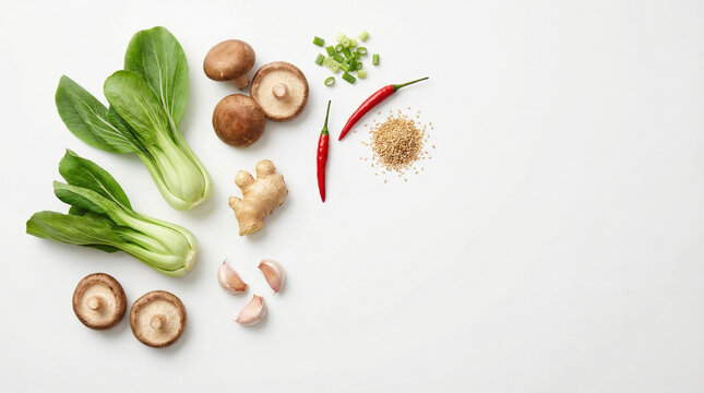 Fresh and aromatic Asian cooking ingredients like bok choy, shiitake mushrooms, ginger, chili peppers, garlic, and sesame seeds are artfully arranged.