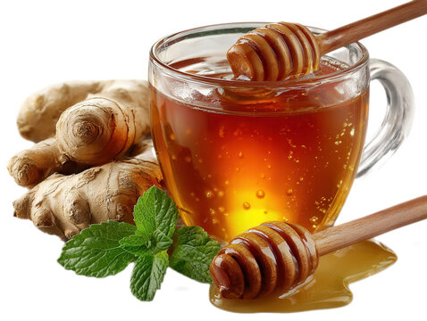 Hot Ginger Tea with Honey Dippers and Mint, Isolated on Black