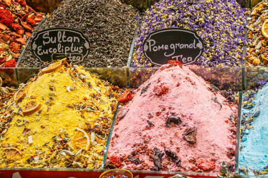 Colorful dried herbal tea with pomegranate at Turkish market, Grand Bazaar  Istanbul, Turkey