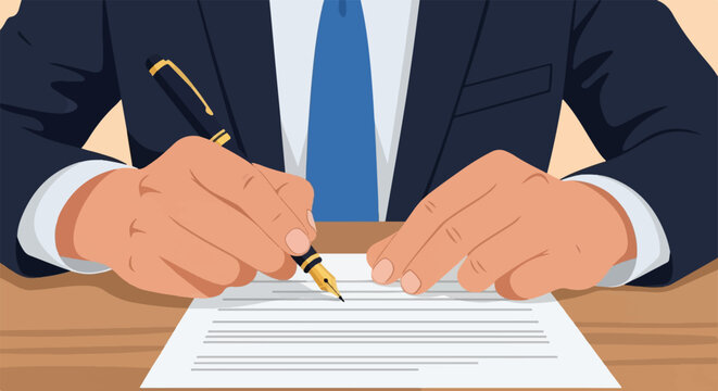 A person in a suit and tie signs a document with a fountain pen