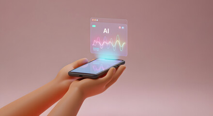3D Render of Hands Holding Smartphone with AI Data Analysis Interface. Artificial Intelligence Mobile Technology and Machine Learning Concept.