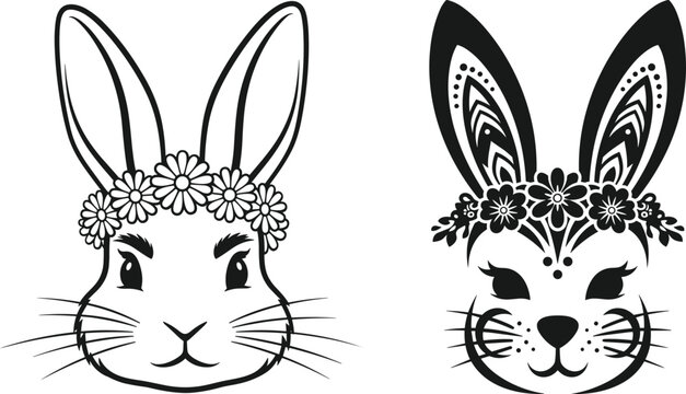 Easter Spring Floral Bunny Face Line Art Set