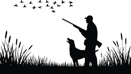 Silhouette of a hunter and his hunting dog poised in tall reeds watching birds soaring across the bright sky