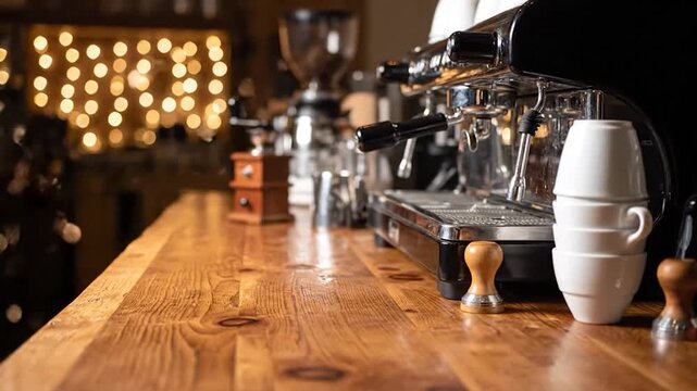 Polished wooden counter in a cozy cafe with warm string lights and espresso machine