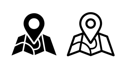 Two icons of a map pin on a folded map, one solid black and one outline, representing location. Vector.