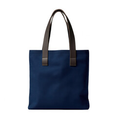Blue canvas tote bag with leather handles isolated on transparent background
