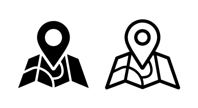 Two icons of a map pin on a folded map, one solid black and one outline, representing location. Vector.