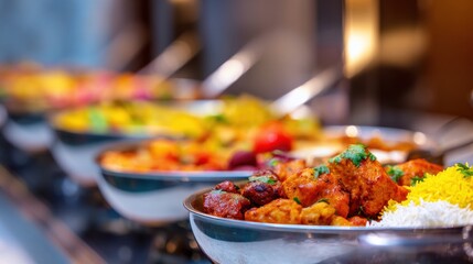 Delicious food served in bowls at a buffet line for a festive occasion