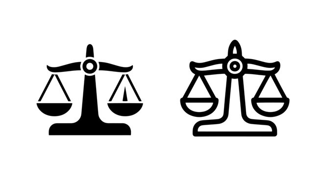 Two scales of justice icons, solid and outline, symbolizing law, balance, f.airness, and judgment