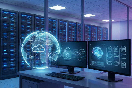 Internet cloud technology concept. Secure FTR, exchange information, data storage, AI technology, document management system DMS illustration.