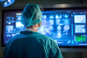 Surgeon examines digital medical imaging in operating room at a hospital during a surgical procedure