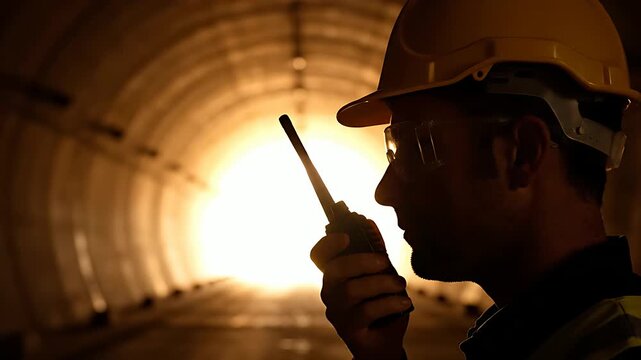 Construction worker in a bright tunnel environment communicates using a handheld two-way radio device for essential site safety coordination and management.