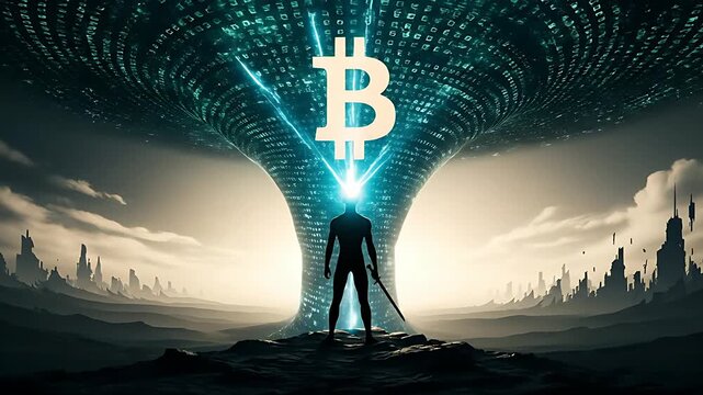 Digital warrior stands illuminated beneath a massive Bitcoin symbol funneling cascading binary code and futuristic energy streams in a dramatic landscape setting.