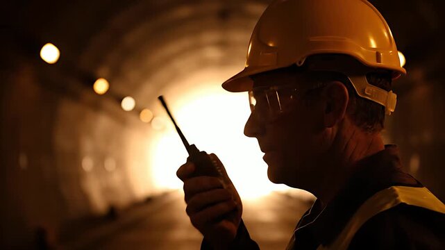 Construction site foreman wearing protective yellow hard hat and safety glasses communicates crucial instructions using a handheld two-way radio device.