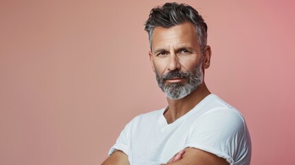 Obraz premium Photo of an attractive male model for advertising anti-aging treatments, on a pastel background, beauty photography