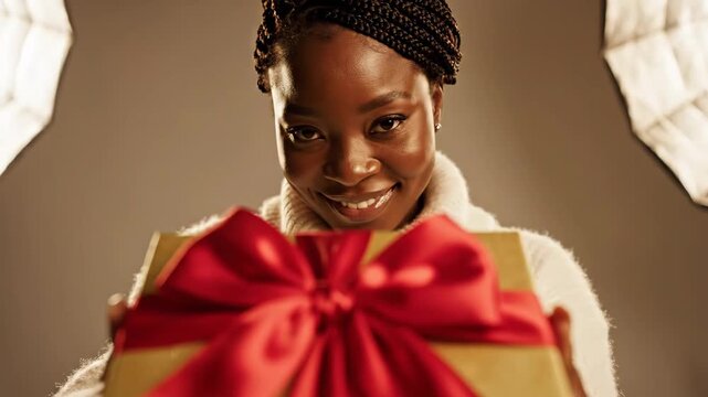 African Woman Holding Gift - Close-up studio portrait of a smiling African woman in a soft sweater, holding a gift box with a large red bow. The video evokes a calm emotion and gentle mood.
