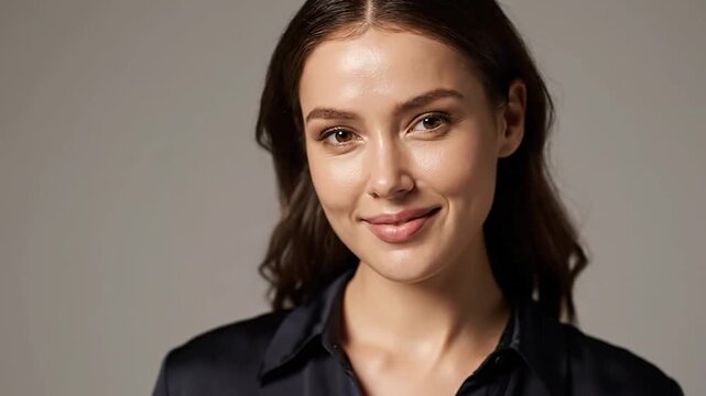 A young woman with dark hair and a subtle smile, wearing a dark collared shirt