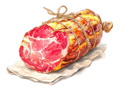 Watercolor Illustration of Cured Italian Capicola or Coppa Meat Log