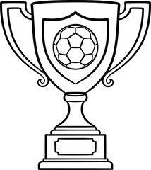 Soccer trophy cup outline with shield emblem, football championship award prize vector illustration
