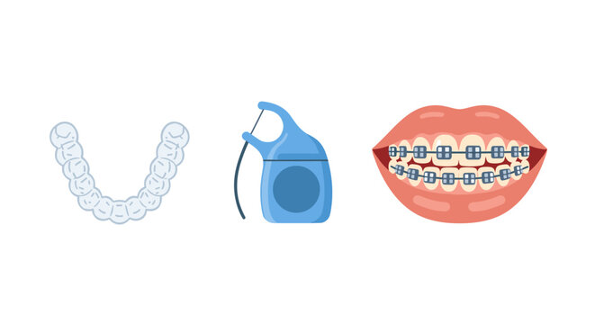 A set of dental care illustrations showcasing clear aligners, dental floss, and traditional braces, providing a visual representation of orthodontic treatment options for teeth straightening and oral