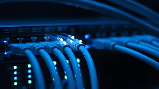 Close-up view of numerous bright blue network cables securely plugged into an active ethernet switch showing blinking status indicator lights in a dark server room environment.