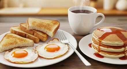 A delicious morning breakfast featuring a fried egg, toast, pancakes, and coffee, presented on white plates with a fork and cutlery.