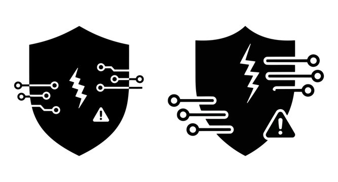 Cyber attack prevention icons with digital shield and lightning bolt representing firewall