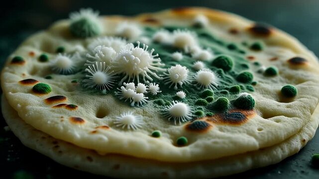 8K Bio-Realism: Hyper-detailed macro of intricate white-green fungal hyphae spreading on Indian flatbread surface