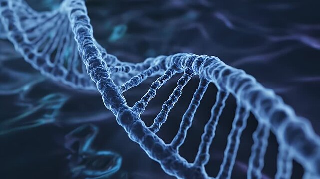 Stunning close-up of a glowing DNA strand in dark background, perfect for biotechnology and science projects