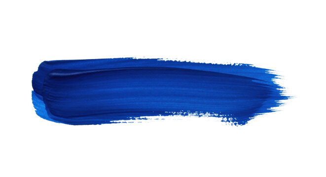 Isolated cobalt blue gouache brush stroke showing dense texture and transparent areas, featuring dry bristle marks on white copy space. Artistic abstract element concept