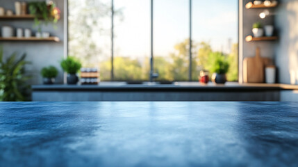 Fototapeta premium Kitchen with an empty blue countertop against a blurred background of a modern interior. Tabletop for product presentation. Clean mockup for food or laundry detergent, washing
