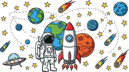Vector illustration of colorful cartoon-style outer space scene with astronaut, rocket, planets, stars, and flying saucer