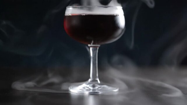 Dark beverage in a stemmed glass, enveloped in swirling vapor